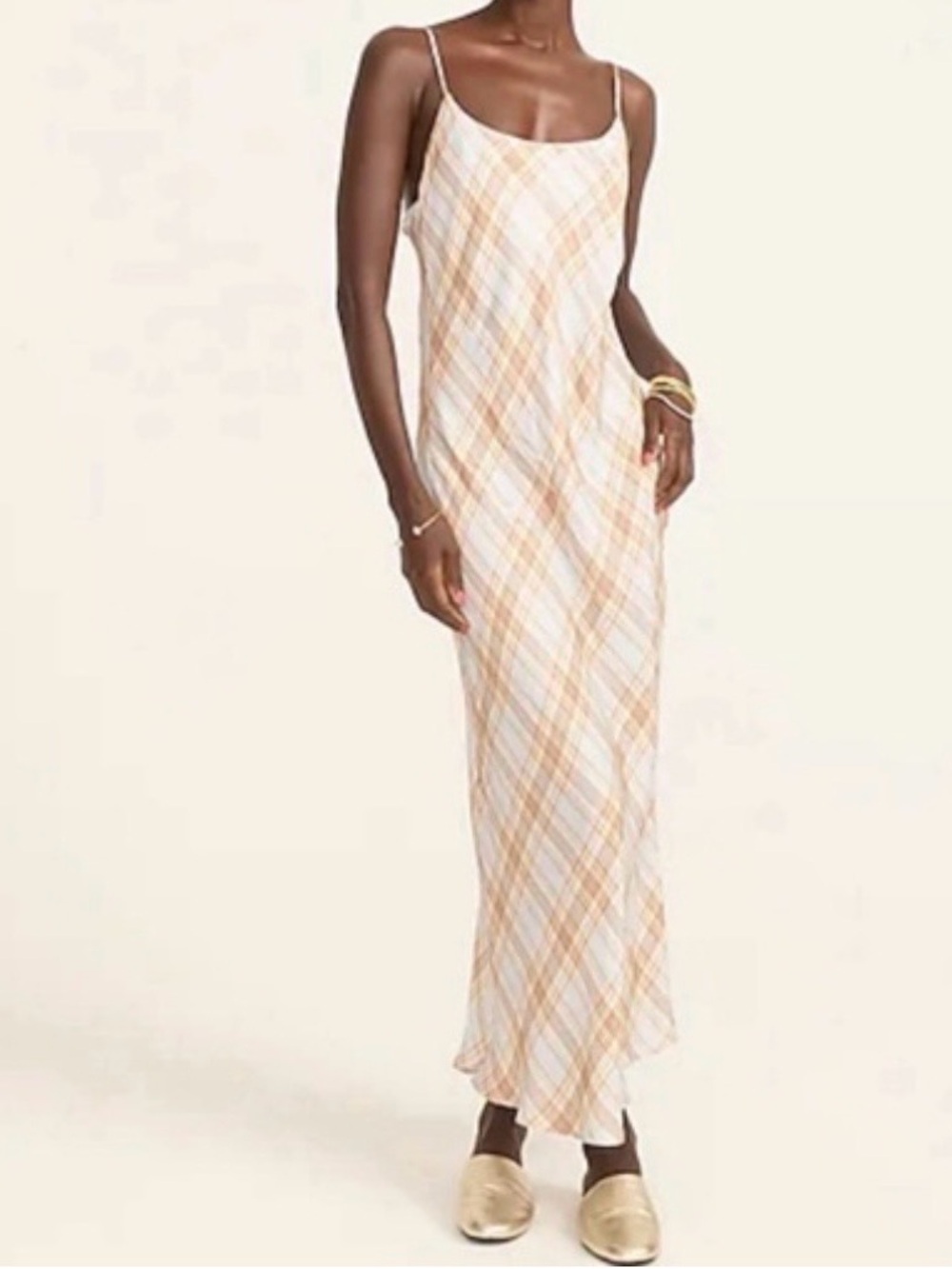 J.‎ Crew Women’s Blue Tan Cream Satin  Plaid Slip Sheath Maxi Dress Sz 16~NWT